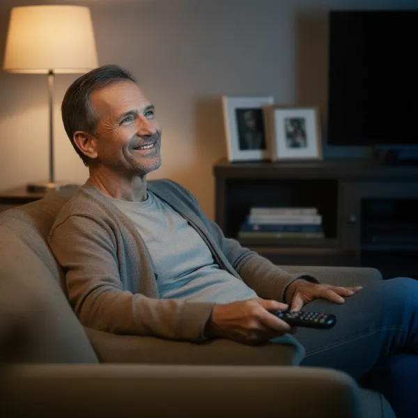 Homme allongé dans son canapé regardant la télévision